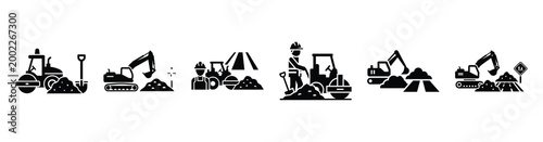 Set of minimal black shape  road construction silhouette icon. construction icons in black isolated vector illustration collection