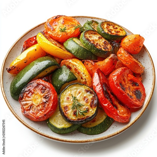 Assorted grilled roasted vegetable platter featu zucchini eggplant peppers and tomatoes on a white ceramic plate served as healthy vegetarian meal option
