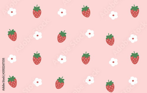 Summer  vector seamless pattern with strawberries and flowers