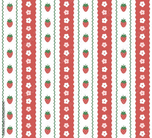 Summer  vector seamless pattern with strawberries and flowers
