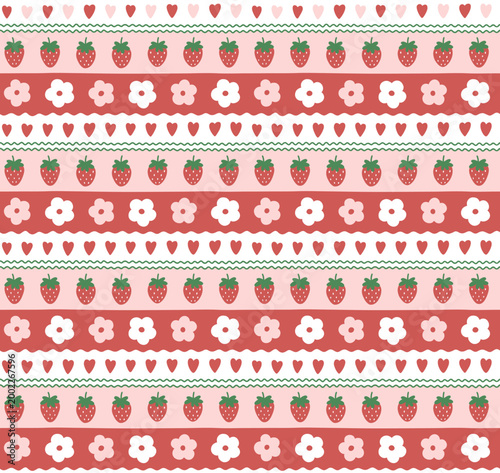 Summer  vector seamless pattern with strawberries and flowers
