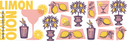 Yellow lemons on branches in pots and scattered with cocktail glasses and text citrus fruit tree
