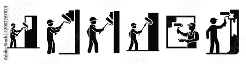 Set of minimal black shape  worker painting wall silhouette icon. construction icons in black isolated vector illustration collection