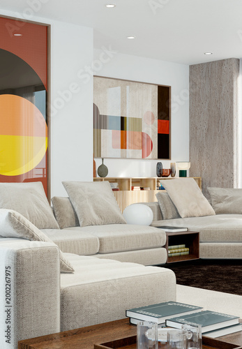 3D render, illustration Luxury modern living room interior,  realistic lighting, wide angle, contemporary furniture, clean lines, minimalist decor, elegant home design, large window