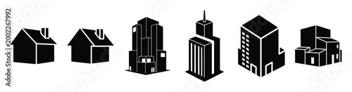 Set of minimal black shape  3d building model silhouette icon. construction icons in black isolated vector illustration collection