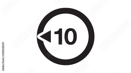Minimalist number 10 icon in circle with arrow, black and white vector graphic, ten second rewind or skip button for video player interface