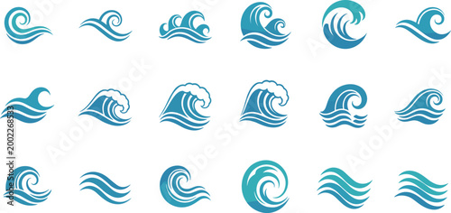 Blue Ocean Wave Icon Set with Various Curl and Flow Designs for Sea, Nature, Travel, and Brand Identity Designs