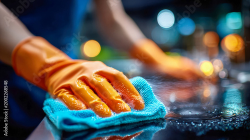 Orange-gloved hands cleaning a stovetop with a microfiber cloth, illustrating household hygiene and kitchen maintenance