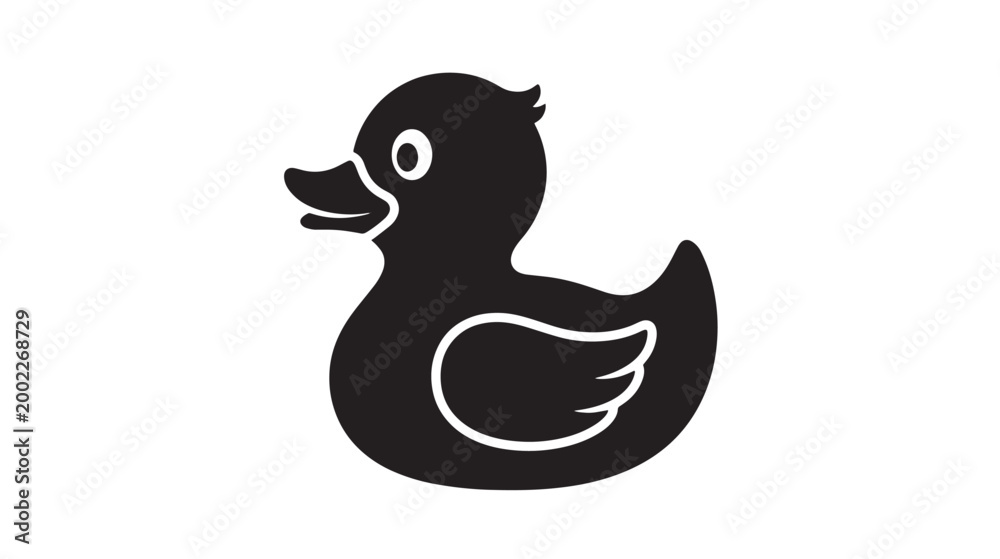 Fototapeta premium Minimalist rubber duck silhouette vector, black bath toy icon isolated on white, simple duckling bird graphic for baby shower and bathroom decor