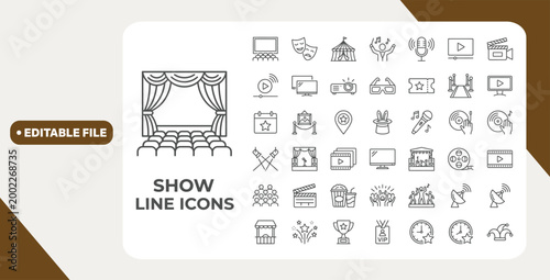 Show icon set. Contain icons related to cinema, entertainment, stage, theater, spotlight, ticket, magician, concert, event, circus and more. Editable stroke. Vector illustration
