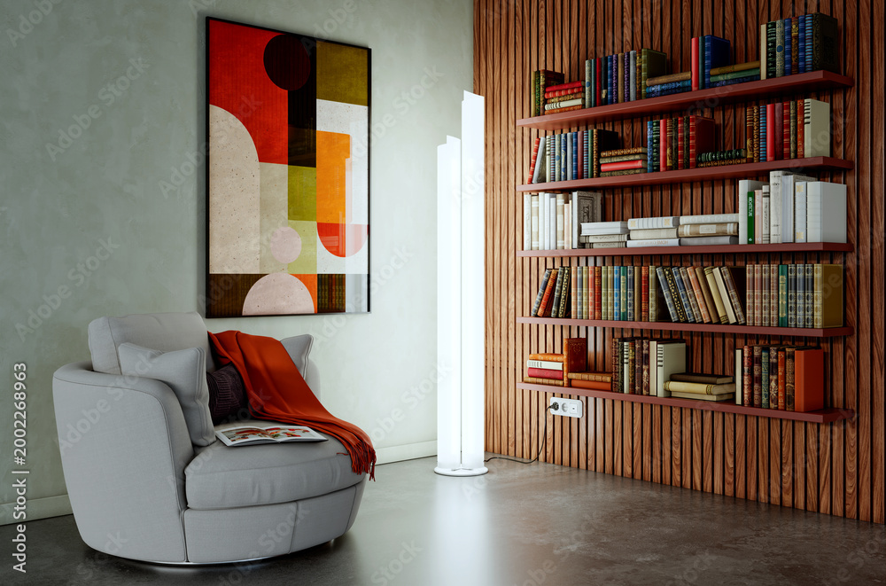 Naklejka premium 3D render, illustration Luxury modern living room interior, realistic lighting, wide angle, contemporary furniture, clean lines, minimalist decor, elegant home design, large window