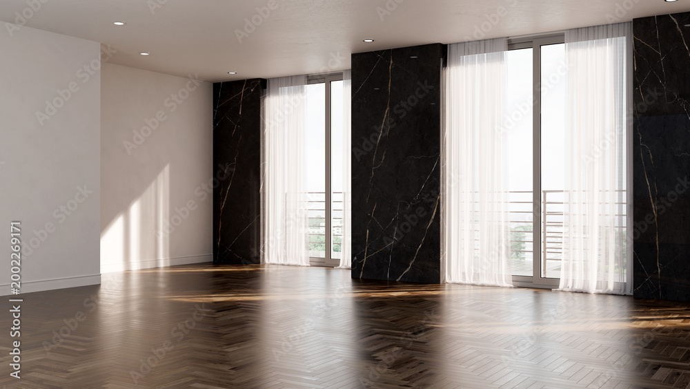 Naklejka premium 3D render, illustration Luxury modern living room interior, realistic lighting, wide angle, contemporary furniture, clean lines, minimalist decor, elegant home design, large window