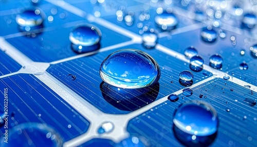Close up of solar panel with water droplets reflection