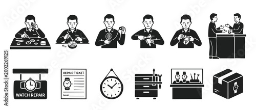 Watch repair icon set, clockmaker working on timepieces and mechanical movements, professional horology service tools and maintenance symbols for jewelry store and watchmaker workshop vector illustrat