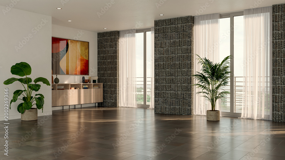 Obraz premium 3D render, illustration Luxury modern living room interior, realistic lighting, wide angle, contemporary furniture, clean lines, minimalist decor, elegant home design, large window