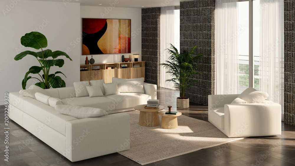 Obraz premium 3D render, illustration Luxury modern living room interior, realistic lighting, wide angle, contemporary furniture, clean lines, minimalist decor, elegant home design, large window