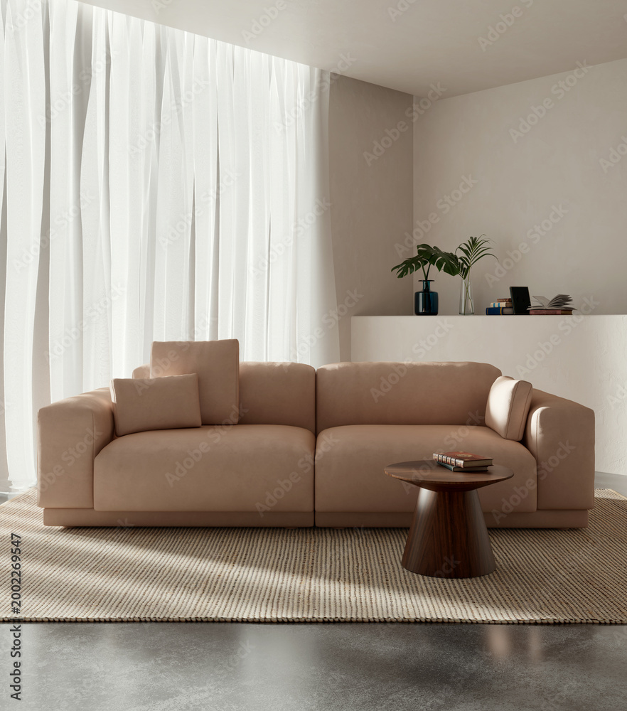 Obraz premium 3D render, illustration Luxury modern living room interior, realistic lighting, wide angle, contemporary furniture, clean lines, minimalist decor, elegant home design, large window