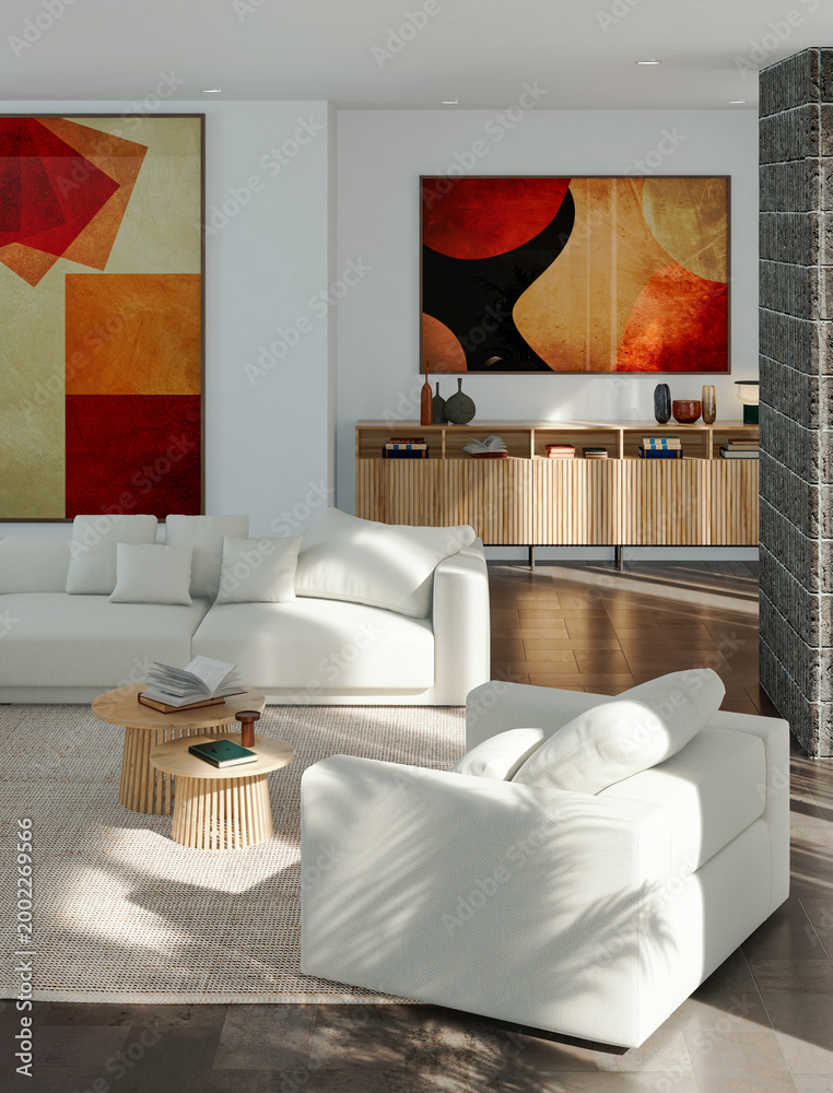 Obraz premium 3D render, illustration Luxury modern living room interior, realistic lighting, wide angle, contemporary furniture, clean lines, minimalist decor, elegant home design, large window