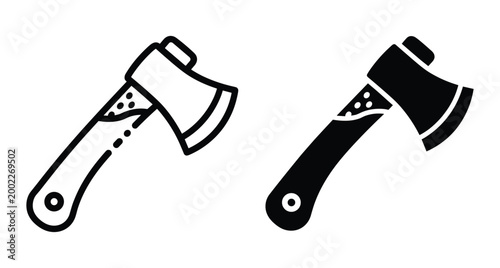 Axe icon set featuring outline and solid black hatchet symbols for woodworking camping survival hardware equipment and outdoor adventure tools