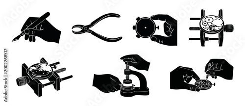 Watchmaker tools and repair icons set, professional clock service equipment, horology craft hands manipulation, precision manual assembly, black silhouette vector illustration set for watch maintenanc