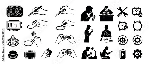 Watch Repair Icons Set, Professional Clockmaker Tools and Electronic Maintenance Symbols for Technical Service, Clock Mechanism Precision Work and Engineering Component Illustrations in Flat Black Vec