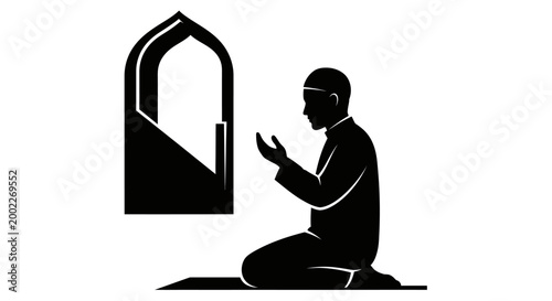Schilderij op canvas EID-UL ADHA Islamic prayer, Muslim man praying, black silhouette icon, religious