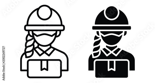 Female delivery worker icon wearing hard hat and face mask holding cardboard box package for shipping and logistics services