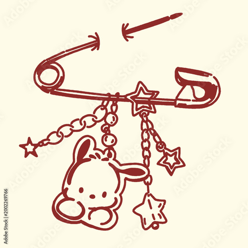 Bild auf Leinwand Cute bunny charm hanging from safety pin with star pendants hand drawn accessory