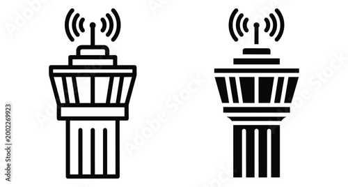 airport control tower icon set representing air traffic control aviation communication signal tower for flight safety navigation and airport operations