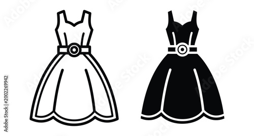 Women fashion dress icon set featuring sleeveless evening gown with belt and flared skirt for clothing design and retail symbols