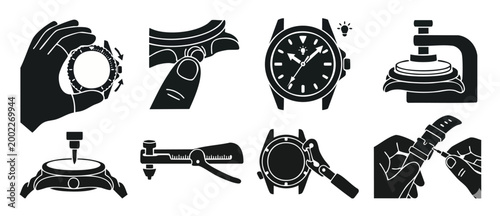 Φωτογραφία Watch repair icon set, professional horology tools and maintenance procedure bla