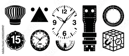 Watch parts and navigation icons set, minimalist black and white vector graphics featuring watch faces, leather strap elements, compass, magnetic cube, and technical measuring dials for design layouts