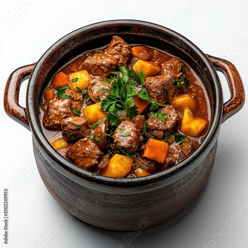 Hearty beef stew with vegetables served in a rustic clay pot with tender meat chunks carrots potatoes and fresh herbs on a white background