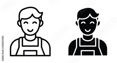 Male worker icon set featuring a smiling man wearing overalls in line and solid styles for professional business profile use