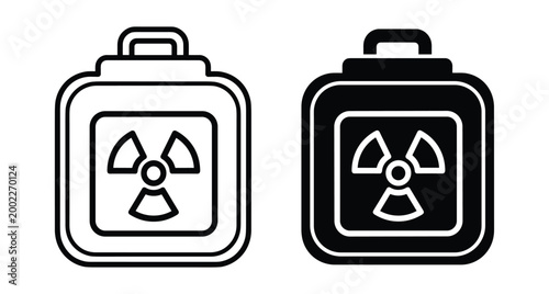 Radioactive material container icon set featuring nuclear hazard symbol on a briefcase for transporting dangerous toxic waste and chemical substances