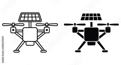 Solar powered drone icon set featuring quadcopter with photovoltaic panel for renewable energy surveillance delivery technology outline and silhouette drone