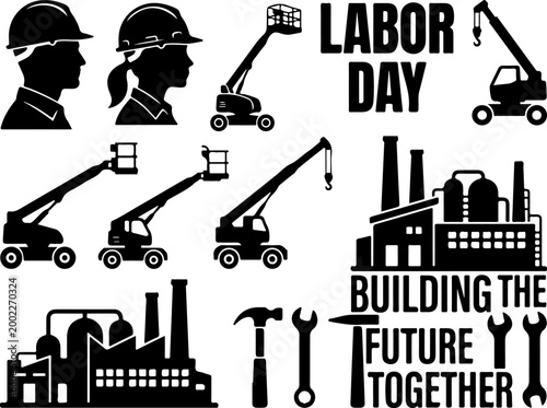 Labor day celebration with construction and industrial icons construction industry illustration