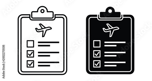 flight checklist clipboard icon set with airplane symbol and checkmarks for travel planning aviation safety inspection and boarding procedures