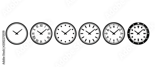 Wall Clock Icons Set, Minimalist Clock Faces Design, Time Management Symbols, Round Watch Dials in Black and White Style, Various Numerical Styles Including Roman Numerals and Modern Markers Collectio