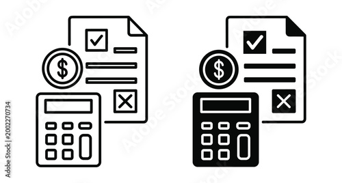 Financial accounting icon set with calculator dollar coin and document for tax calculation budget planning business audit and money management