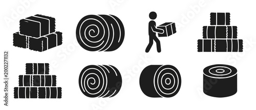 Hay Bale Icon Set Flat Design Collection for Farming and Agriculture Vector Graphics Representing Straw Bales, Rolled Bales, Stacked Harvest, Farming Labor, and Rural Logistics Concepts for Web Graphi