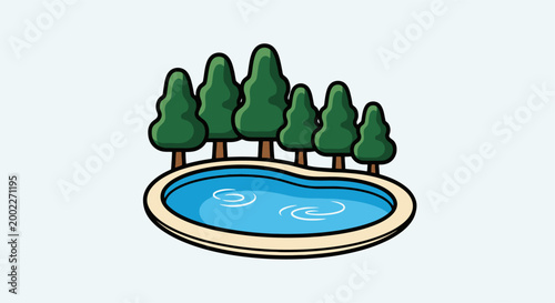 a cartoon illustration of a pond surrounded by trees.