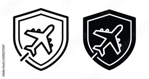 Travel insurance icon set featuring airplane inside shield symbol for flight protection safety security and aviation coverage services for passengers