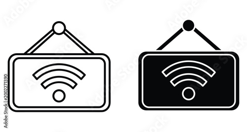 Wi Fi hanging sign icon set with wireless internet signal symbol for cafe restaurant hotel public area connectivity access point