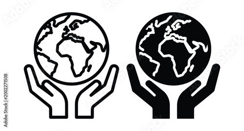 Earth globe held by human hands icon set representing environmental protection sustainability ecology global care nature conservation and world unity symbol