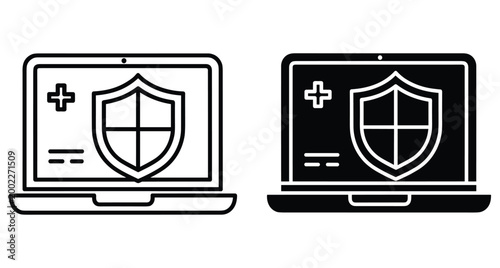 Laptop computer with medical cross and shield icon representing healthcare data protection digital security online medical records safety and privacy