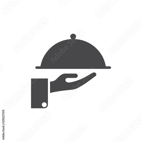 Minimalist Food Serving Silhouette Icon – Waiter Hand Holding Tray, Restaurant Service Symbol for Catering and Hotel Design.