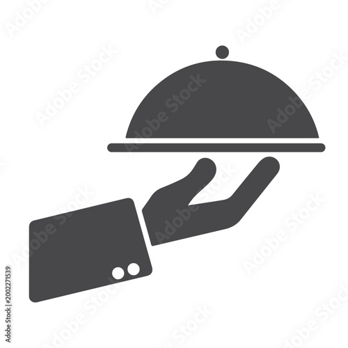 Minimalist Food Serving Silhouette Icon – Waiter Hand Holding Tray, Restaurant Service Symbol for Catering and Hotel Design.