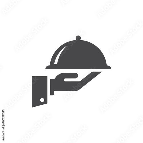 Minimalist Food Serving Silhouette Icon – Waiter Hand Holding Tray, Restaurant Service Symbol for Catering and Hotel Design.