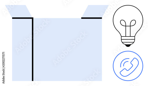 Innovation concept. Open box, lightbulb, and call icon creativity, communication, and ideas exchange. Innovation in problem-solving, brainstorming collaboration and technology. For business